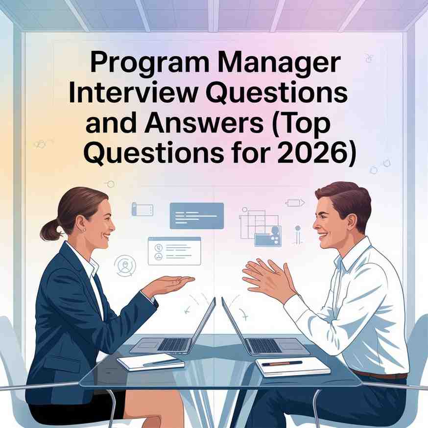 Program manager interview questions and answers illustration with two professionals discussing in a job interview setting