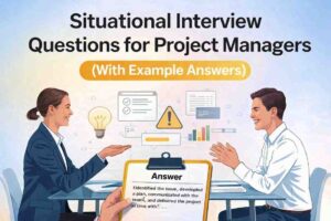 Situational interview questions for project managers with example answers illustrated in a professional interview discussion setting