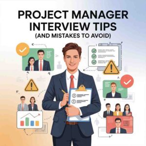 Cartoon illustration of a male project manager in a blue suit holding a clipboard, surrounded by smaller graphics representing a team, charts, and checkboxes. The title reads "Project Manager Interview Tips (and mistakes to avoid).