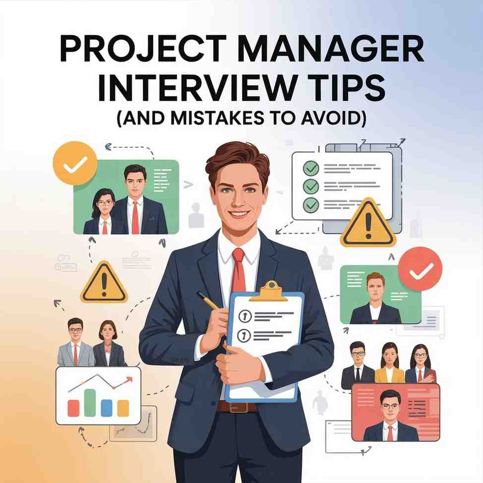 Cartoon illustration of a male project manager in a blue suit holding a clipboard, surrounded by smaller graphics representing a team, charts, and checkboxes. The title reads "Project Manager Interview Tips (and mistakes to avoid).